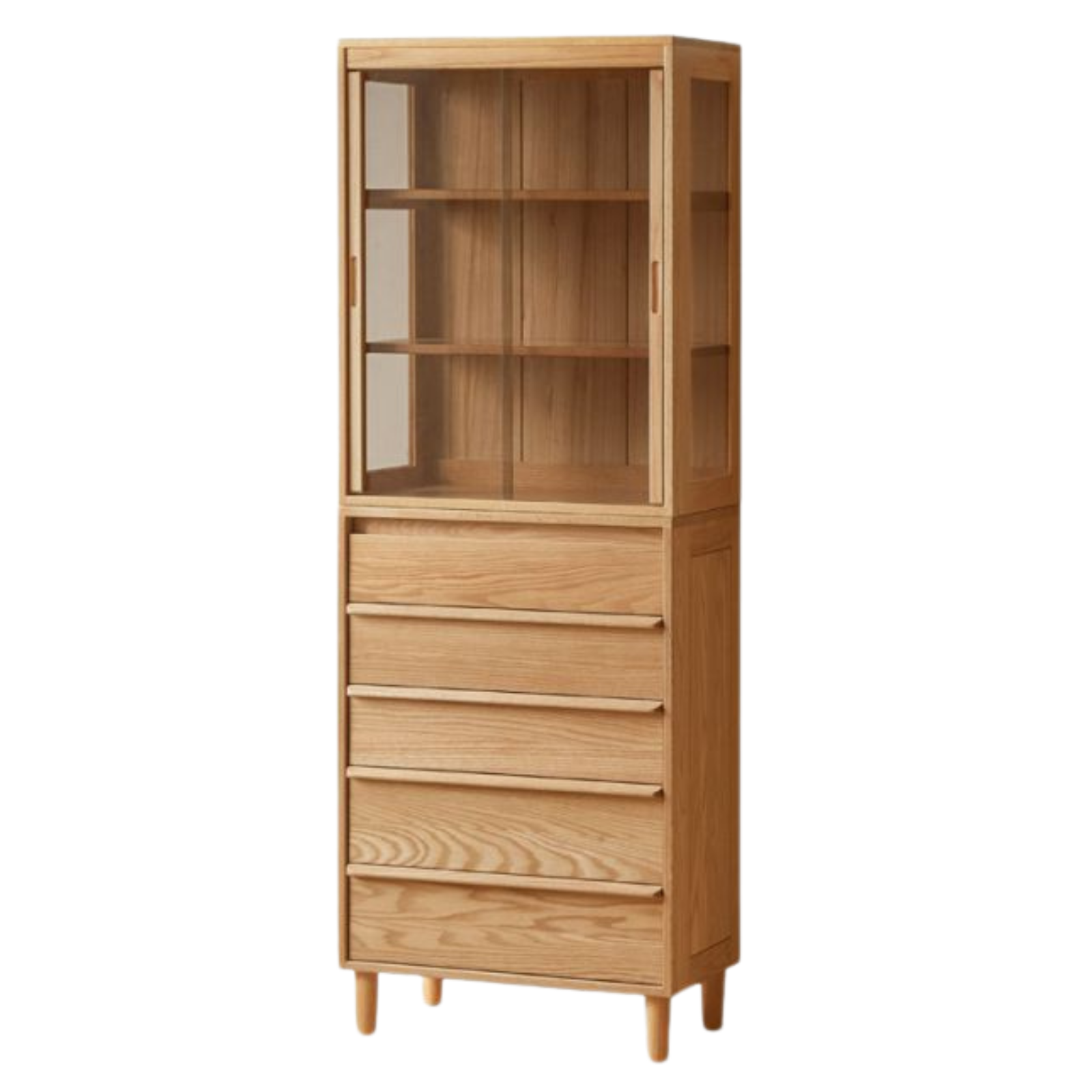 Black Walnut, Oak Solid Wood Glass Display Cabinet with Drawers