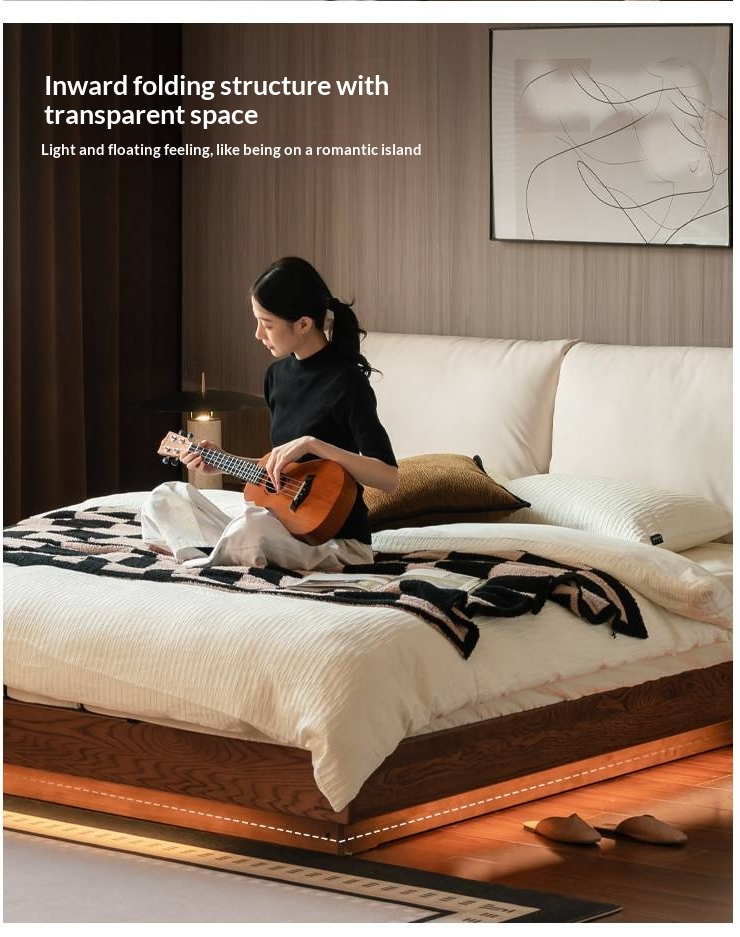 Oak Solid Wood Box Bed — Italian Light Luxury with Soft Genuine leather Backrest