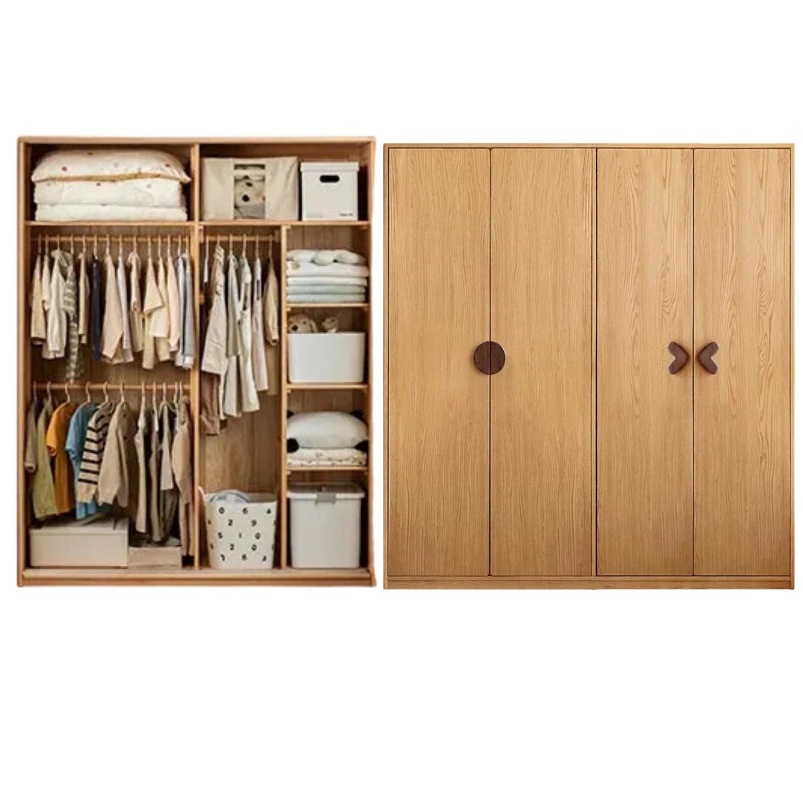 Oak Solid Wood Kids Wardrobe Armoire with Open Shelf and Drawer Combo