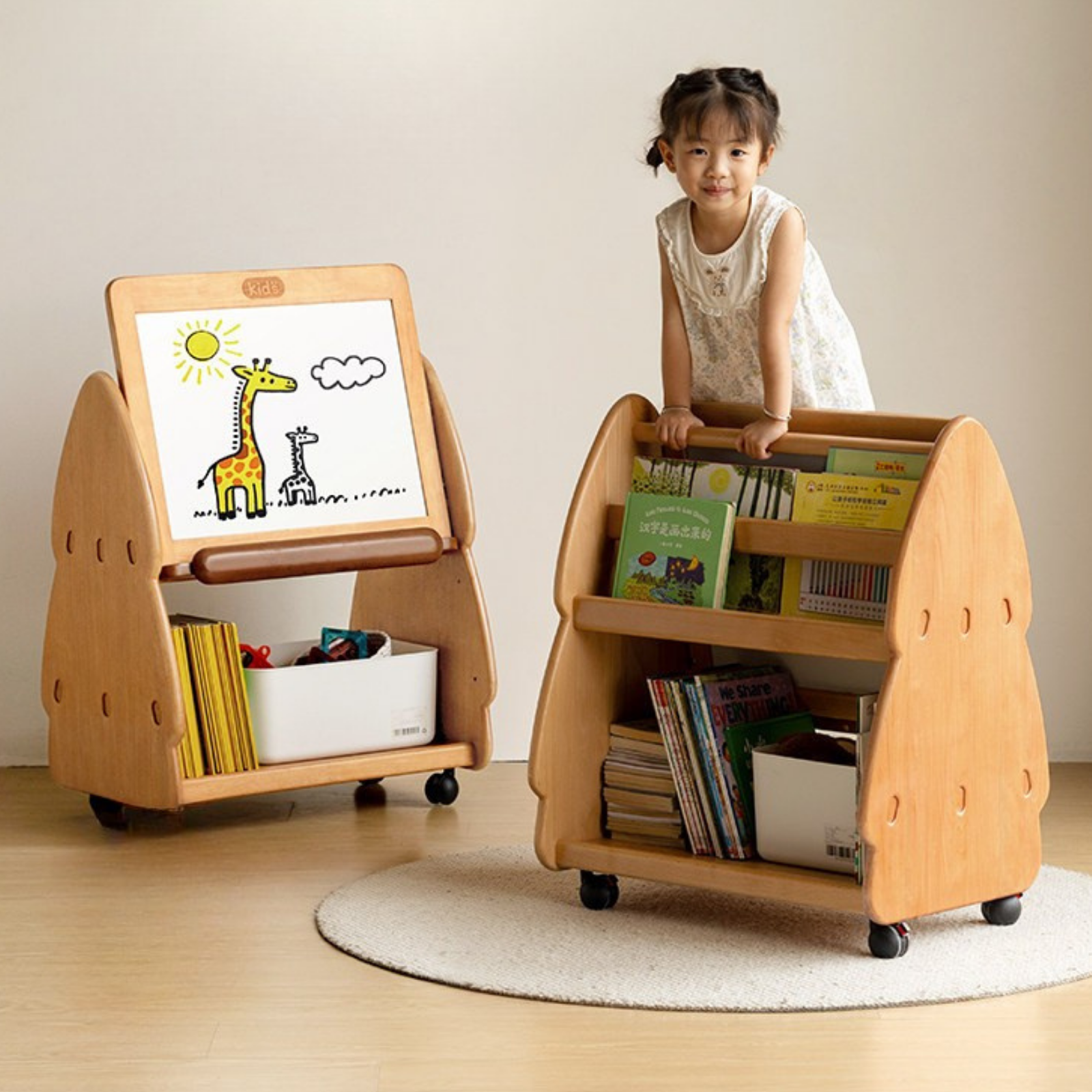 Beech, Poplar Solid Wood Movable Kids Bookshelf with Wheels, Multifunctional Storage
