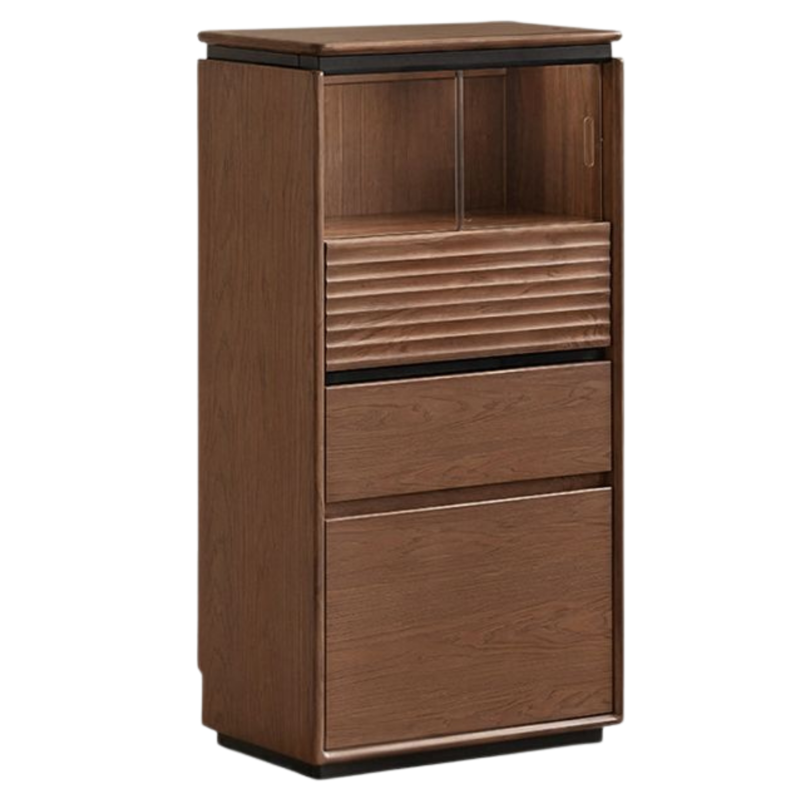 Black Walnut, Ash, Oak Solid Wood Tall Side Cabinet with Louvered Sliding Door and LED Lighting