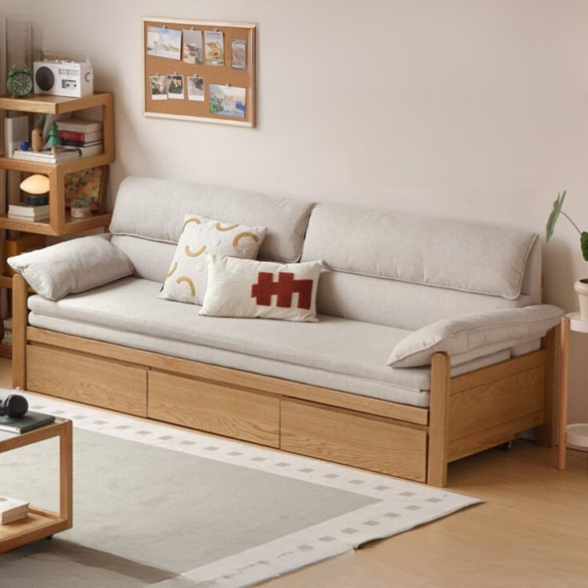 Oak Solid Wood Sofa Bed with Under-Seat Storage Drawers