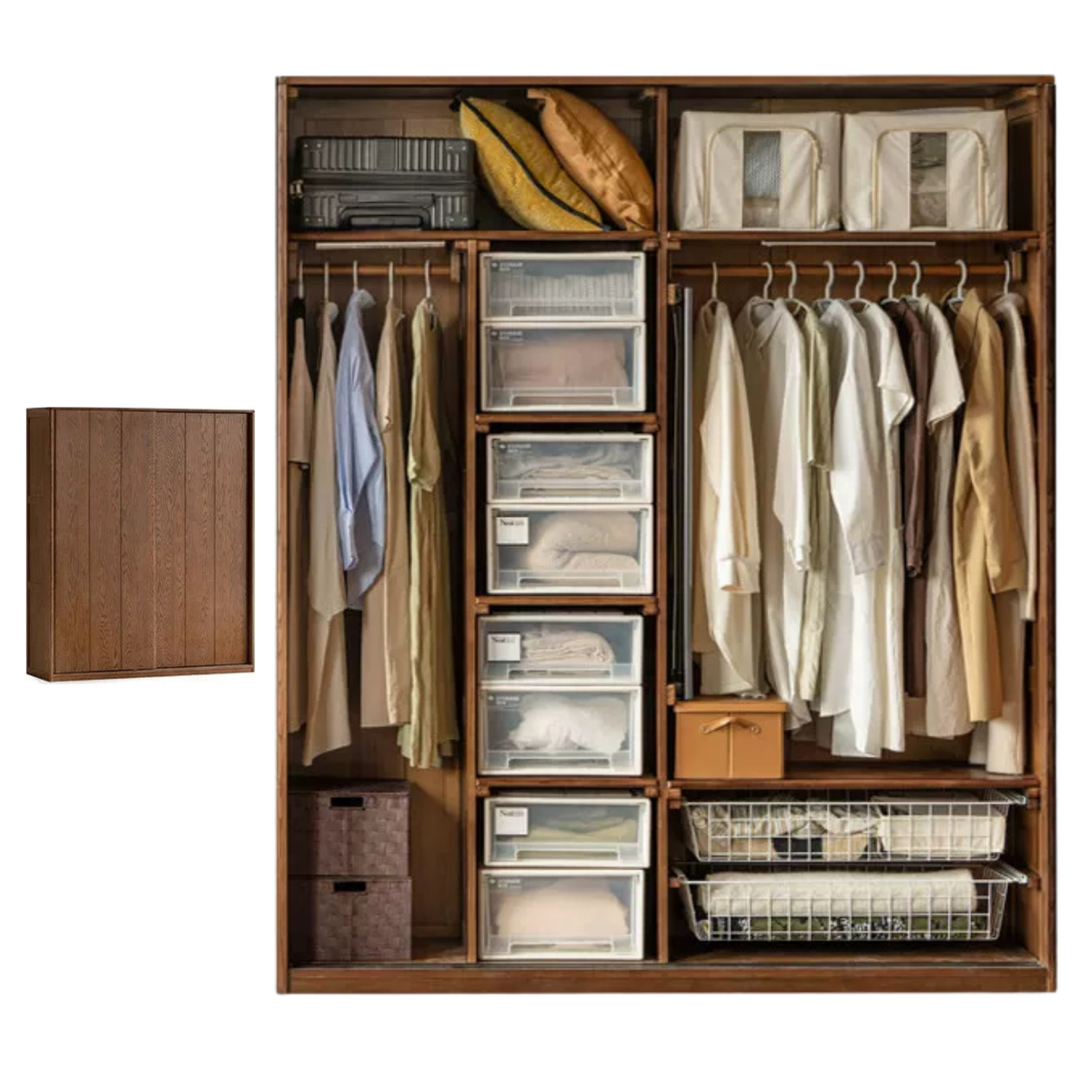 Oak Solid Wood Modern Wardrobe with Hybrid Hinged and Sliding Door Layout