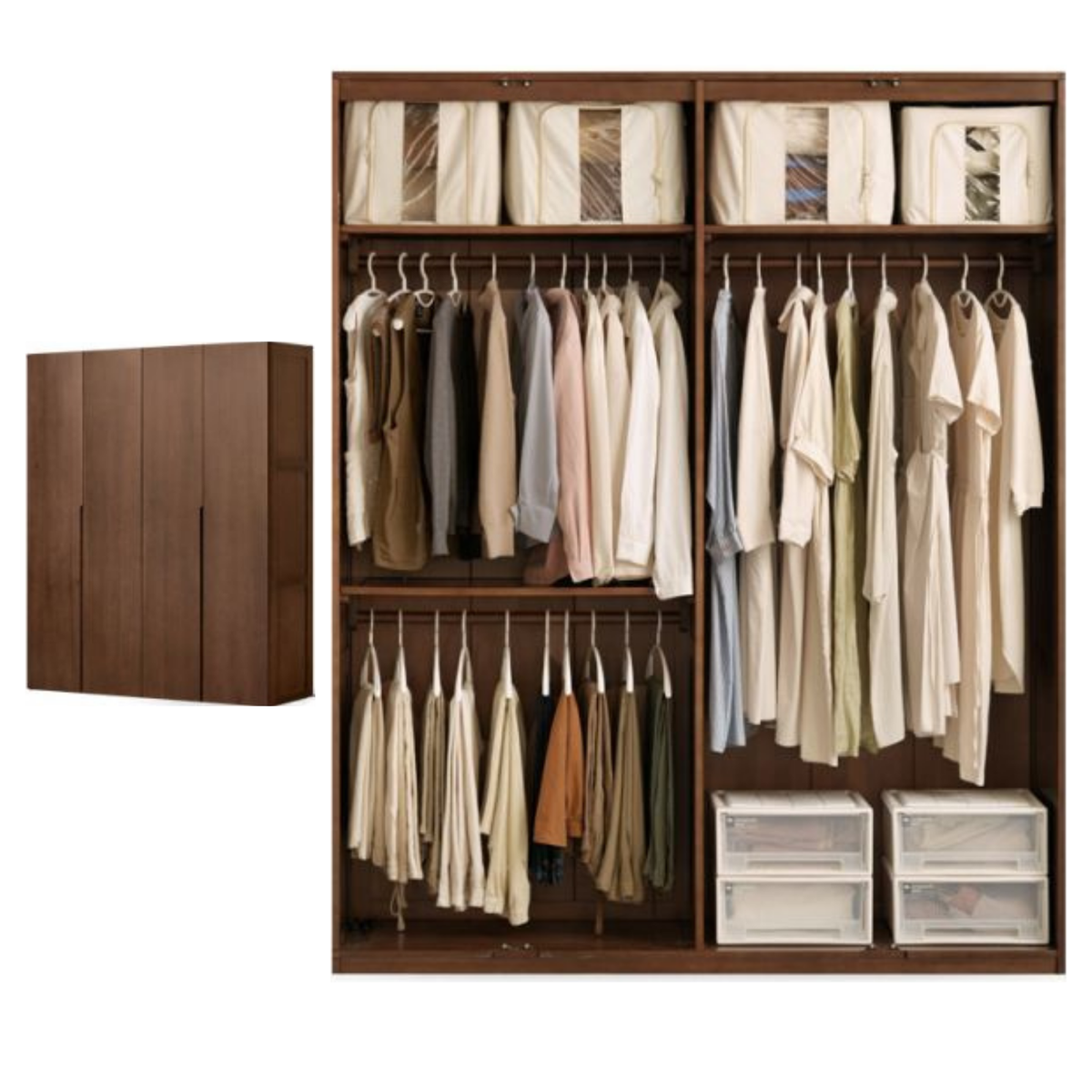 Sandalwood, Black Walnut Solid Wood Floor-to-Ceiling Wardrobe Closet with Interior Shelving and Hanging Rods