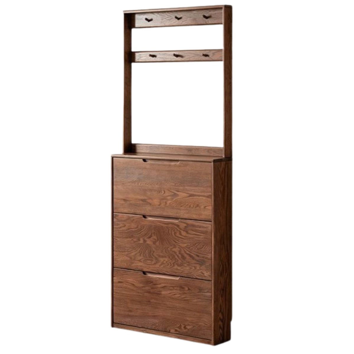 Oak Solid Wood Narrow Hall Tree with Shoe Storage Cabinet and Coat Hooks