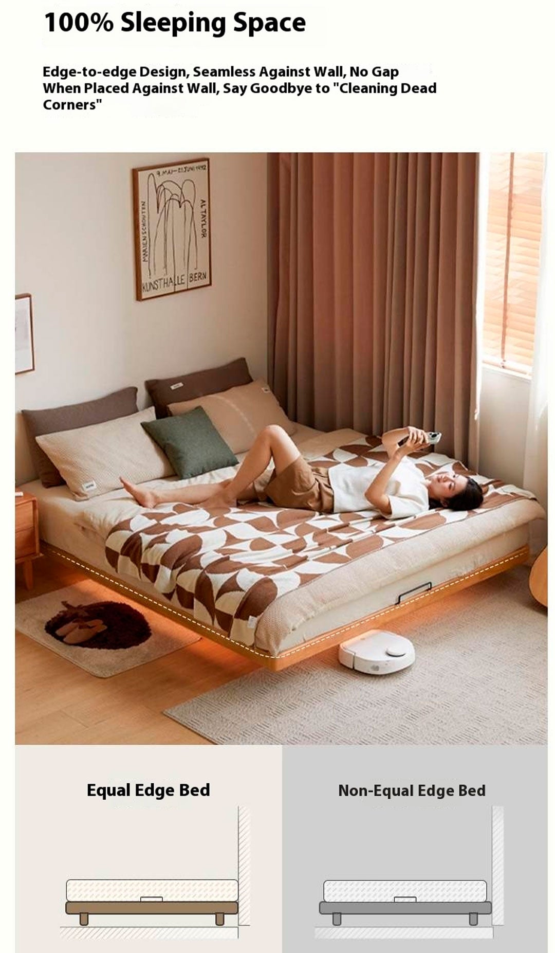 Rubberwood Solid Wood Japanese Style Suspended Platform Bed, Headboard-Free Bed