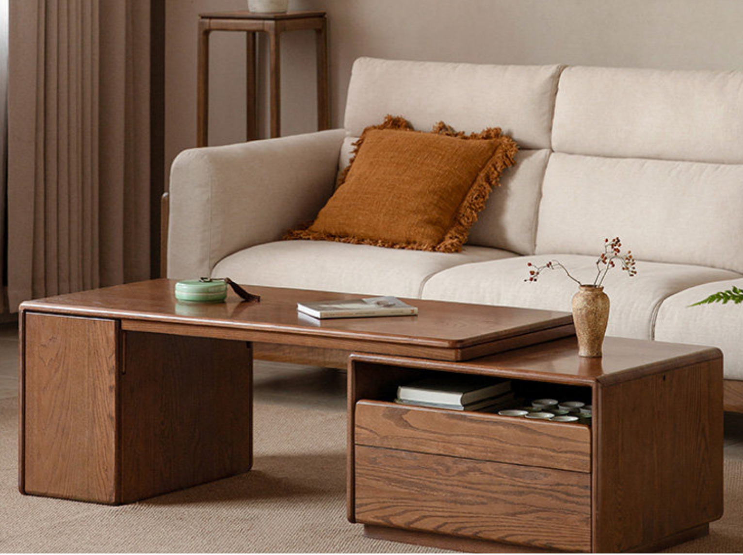 Oak Solid Wood Extendable Coffee Table with Storage