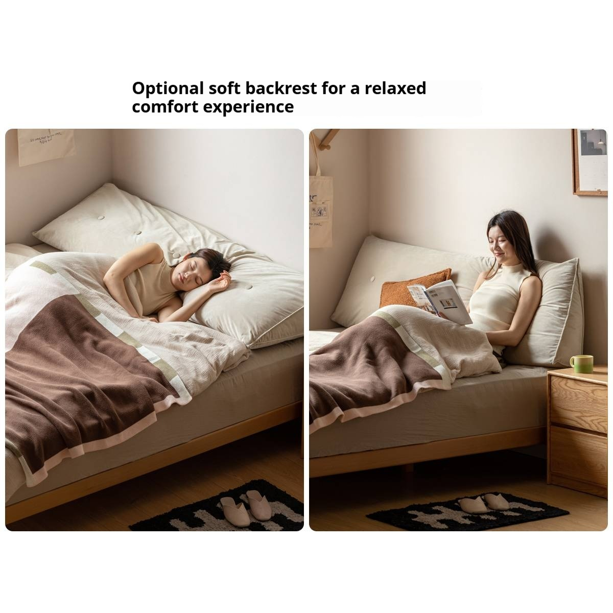 Beech, Rubberwood Solid Wood Platform Bed, Headboard-Free Bed with Flat Edge