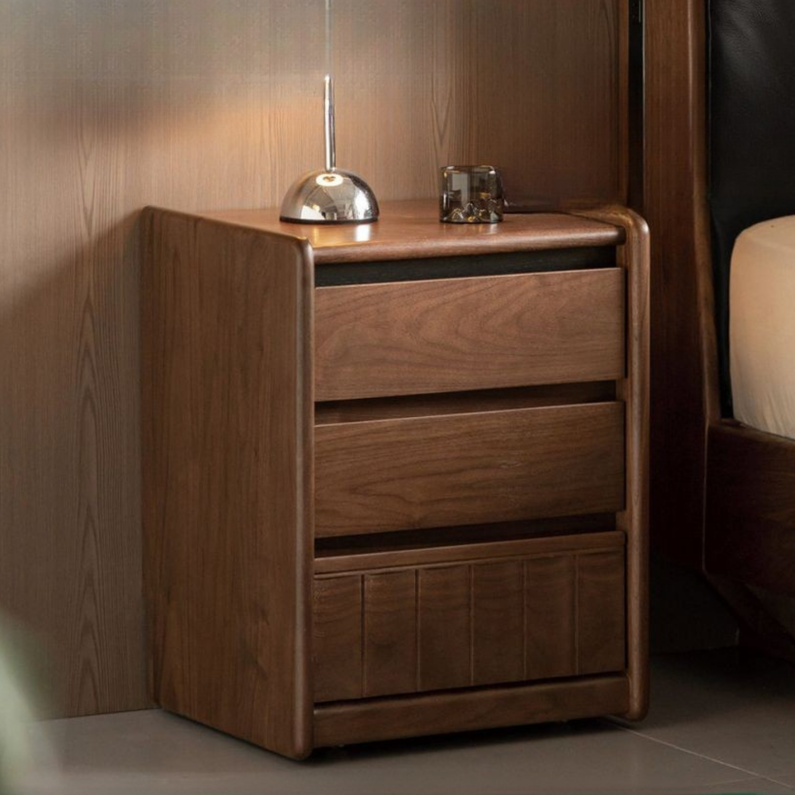 Black Walnut Solid Wood Nightstand Italian Style with Wheels