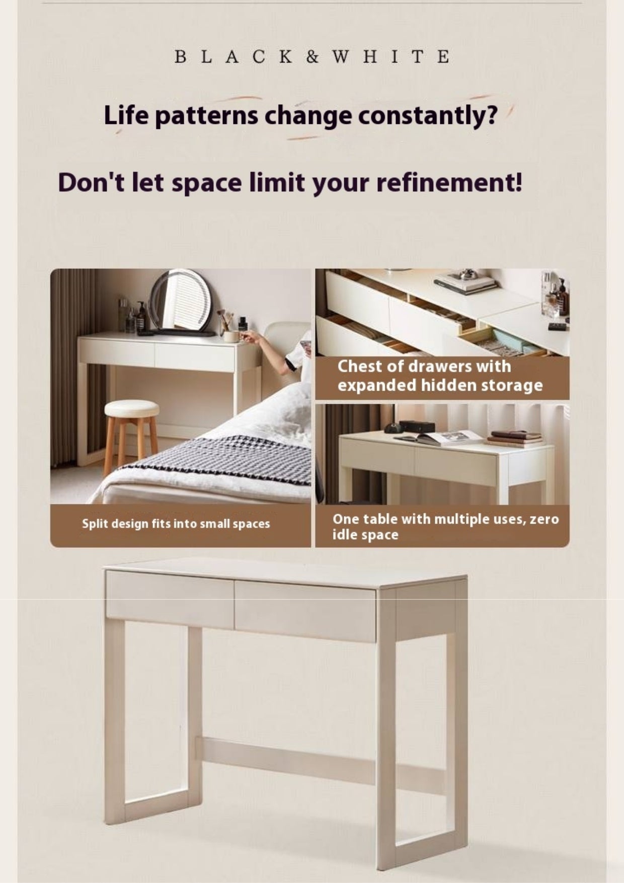 Solid Rubberwood White Cream Wind Dressing Table