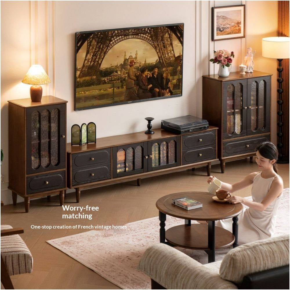 Black Walnut Solid Wood Vintage Curio Cabinet with Rippled Glass Doors and Brass Hardware