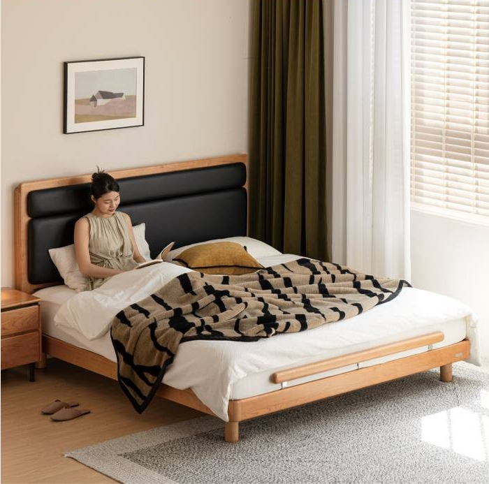 Cherry Solid Wood Fabric Soft Backrest Bed Modern Minimalist