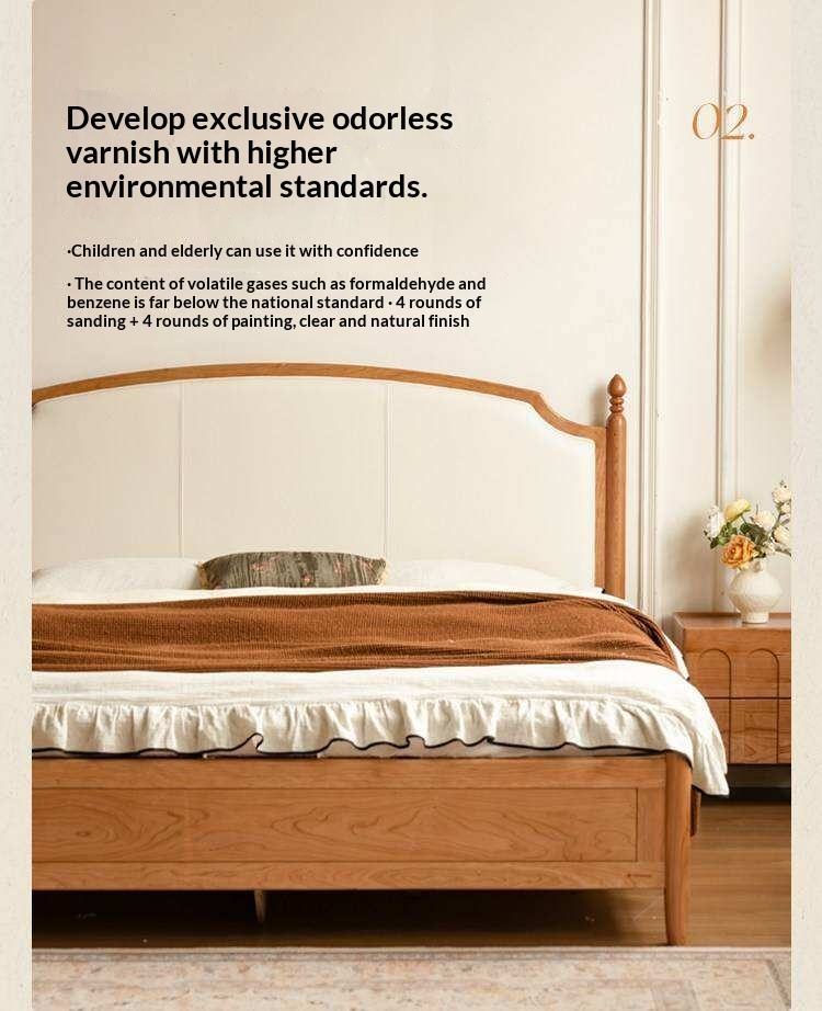 Cherry Solid Wood Box Bed with French Country Arched Upholstered Headboard and Spindle Posts