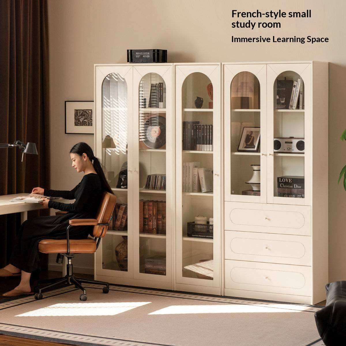 Solid RubberWood Bookcase White With Glass Door French Cream Style