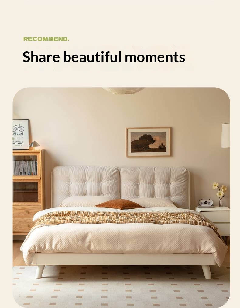 Oak, Rubberwood Solid Bed with Cream Finish — Casual Bedside with Soft Bag Backrest and White Soft Back