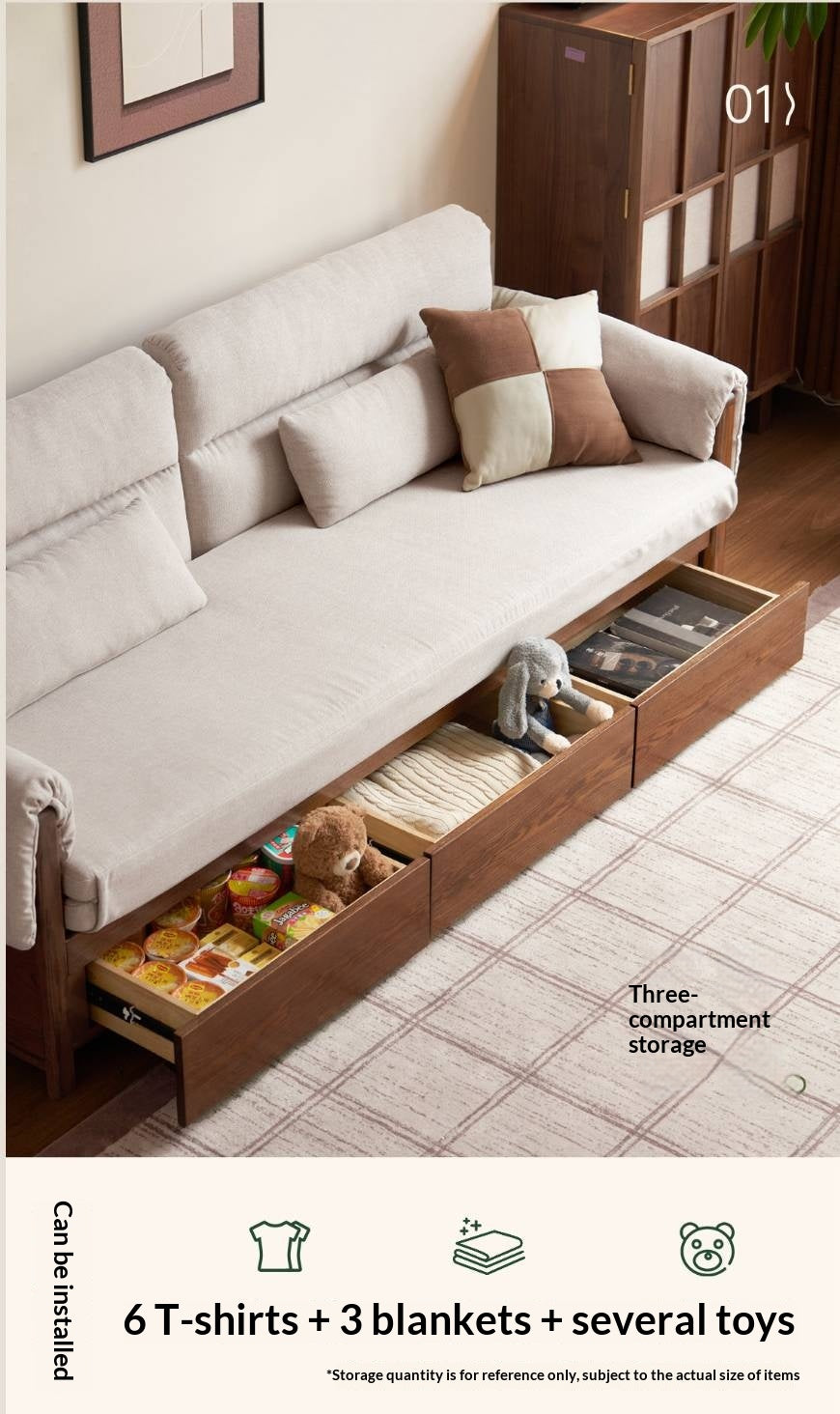 Oak Solid Wood Pull-Out Sleeper Sofa with Under-Seat Storage Drawers
