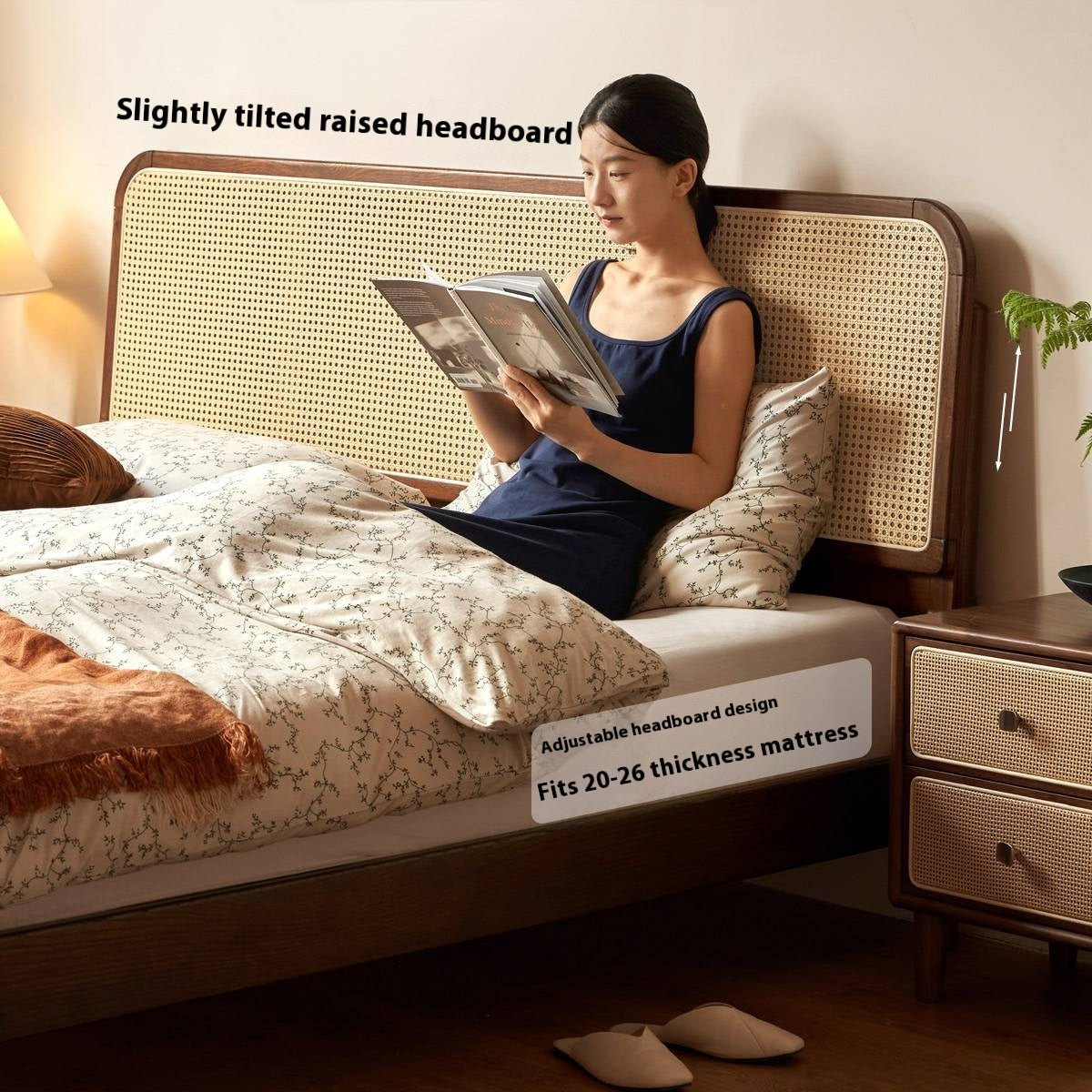 Oak Solid Wood Rattan Bed
