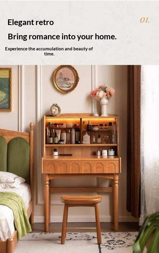Cherry Solid Wood French Retro Vanity Table with Light