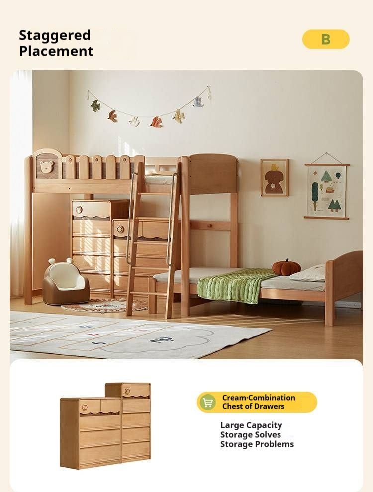 Beech Solid Wood L-Shaped Bunk Bed with Bookshelf Headboard and Detachable Guardrail