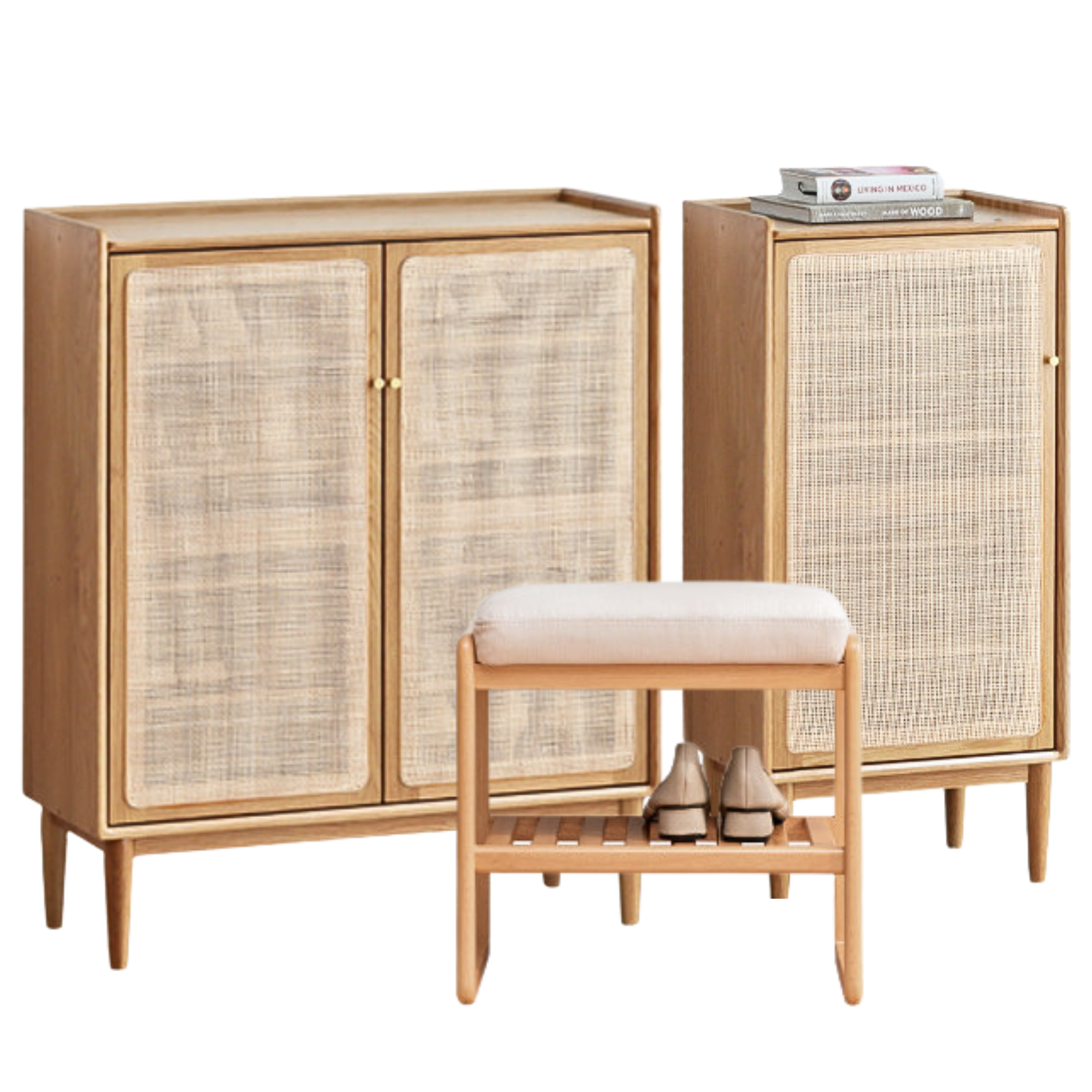 Oak solid wood shoe cabinet storage rattan: