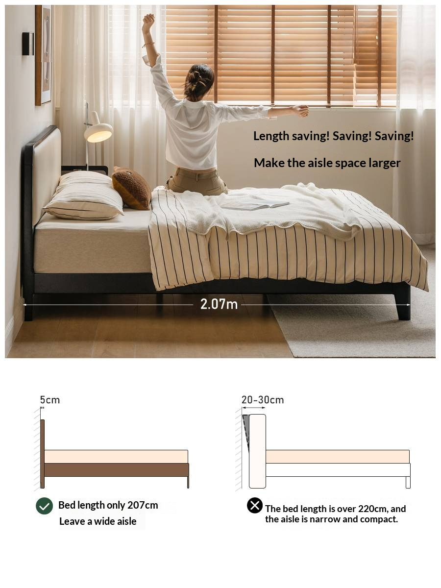 Rubberwood Solid Wood Bed — Modern Minimalist Black Design with Soft Headboard