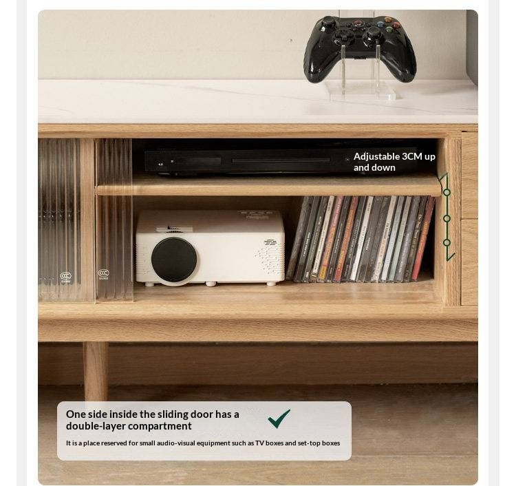 Oak, Poplar, Beech Solid Wood Sliding Door TV Stand With Rock Slab Surface.