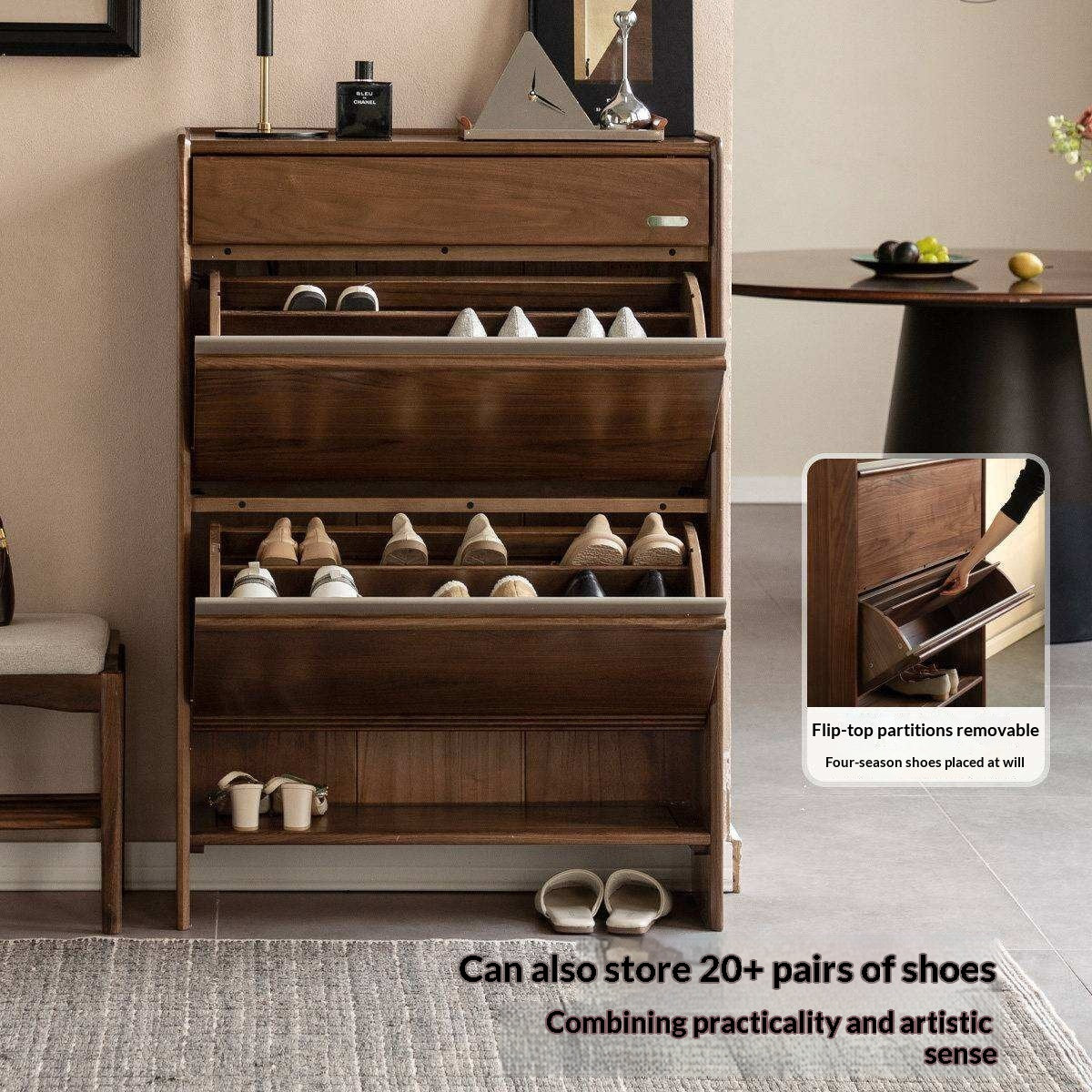 Black Walnut Solid Wood Flip Door Shoe Cabinet, Italian Style Entryway Storage Organizer