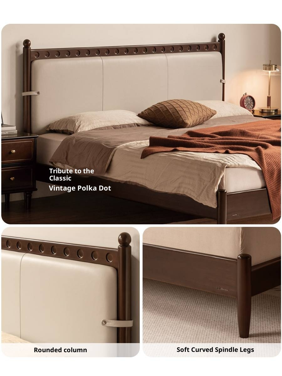 Poplar Solid Wood Genuine Leather Soft Backrest Bed Retro Vintage