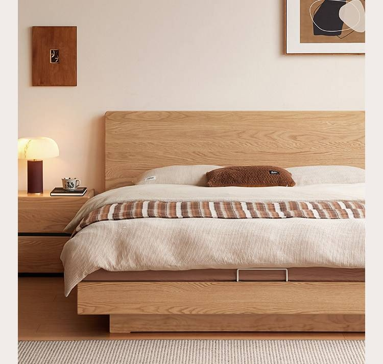 Oak Solid Wood Bed — Modern Minimalist Slab Box Design