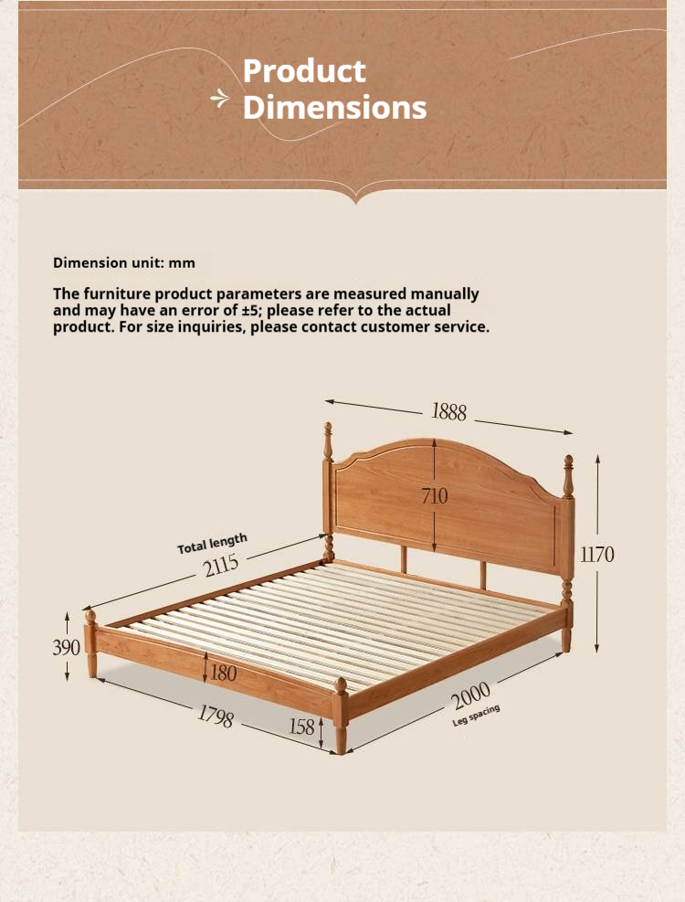 Birch Solid Wood Bed — French Retro Style, Large Slab Design, Mid-Range Style