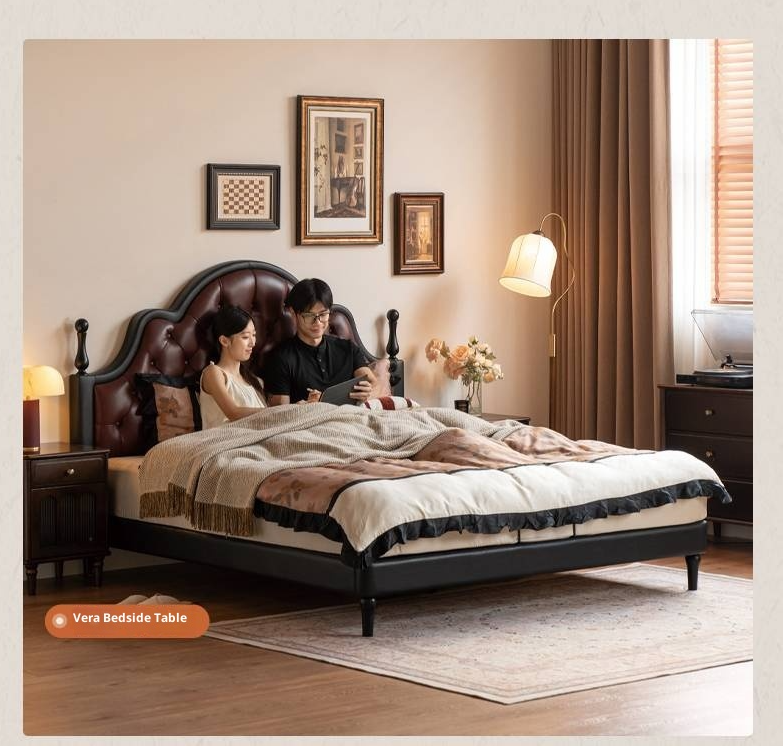 Genuine Leather Elegant Soft Backrest Bed, French Retro