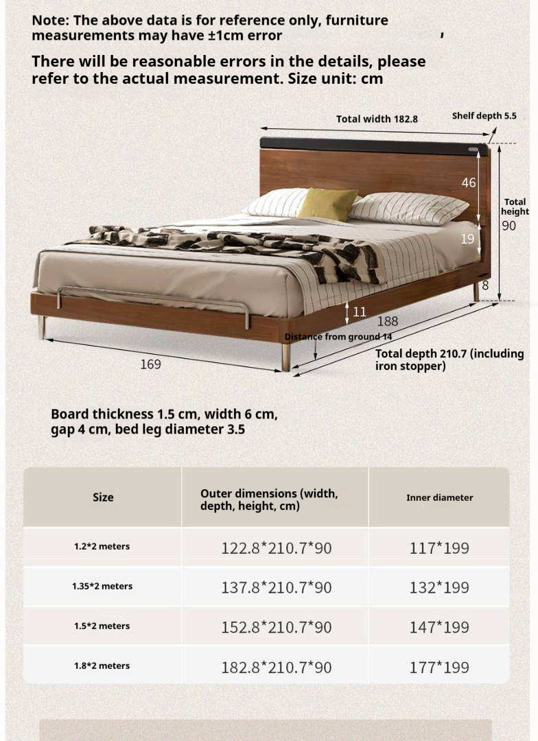 Rubberwood Solid Wood Platform Bed with Metal Legs and Two-Tone Headboard