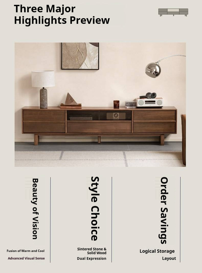 Black Walnut Solid Wood Luxury Style TV Cabinet with Slab Top and Storage