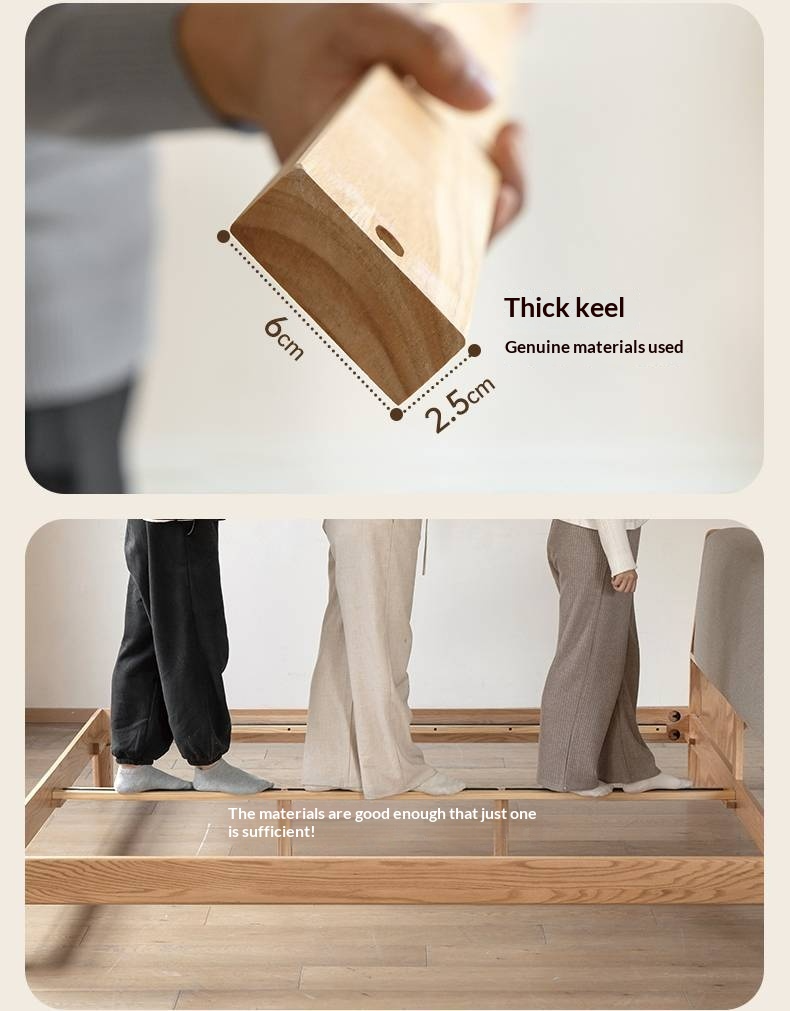 Oak Solid Wood Bed with Genuine Leather and Light Upholstery