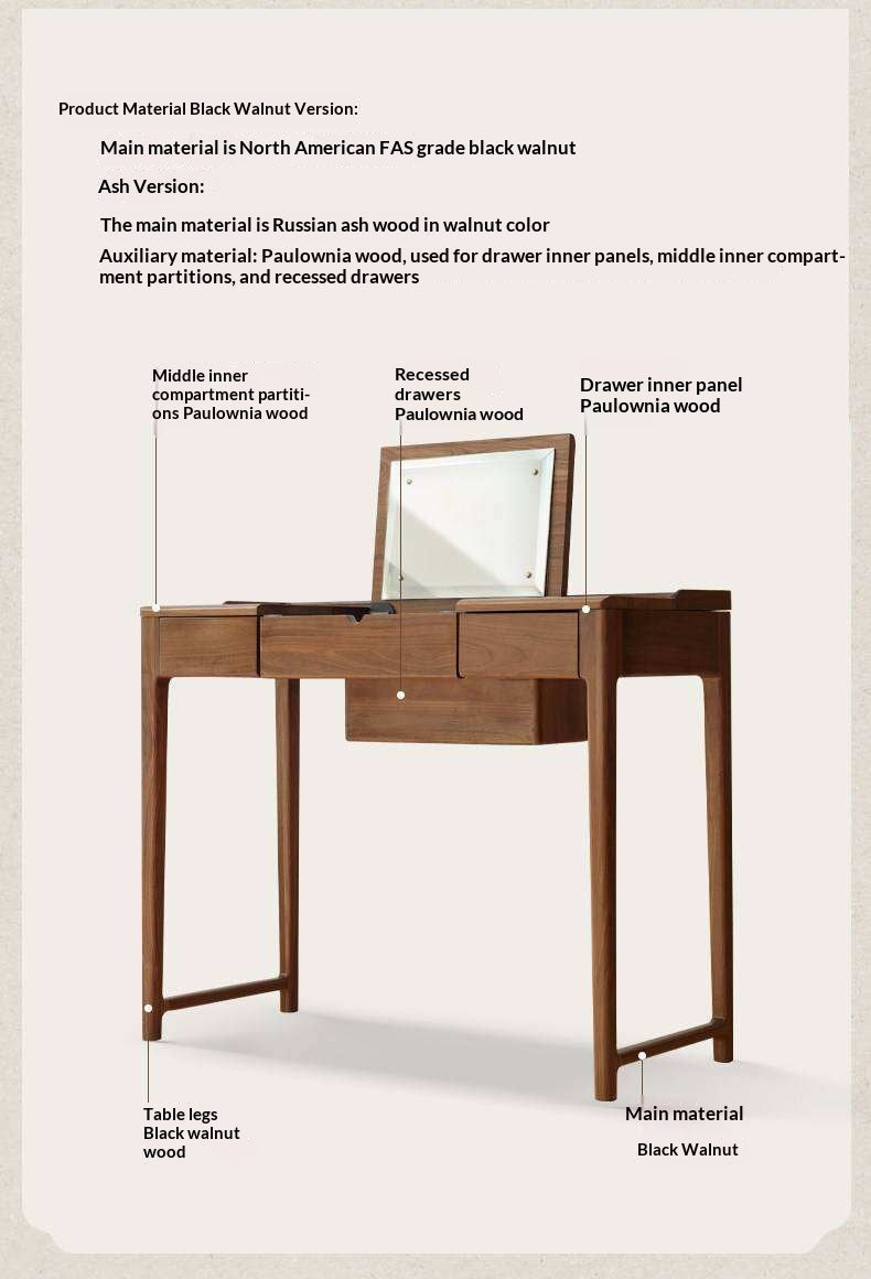 Black Walnut, Ash Solid Wood Flip Vanity Table.