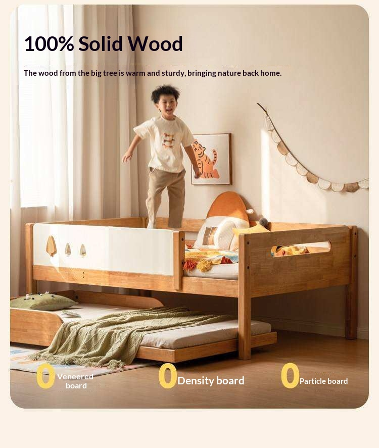 Rubberwood Solid Wood Kids Daybed with Trundle and Safety Guardrails