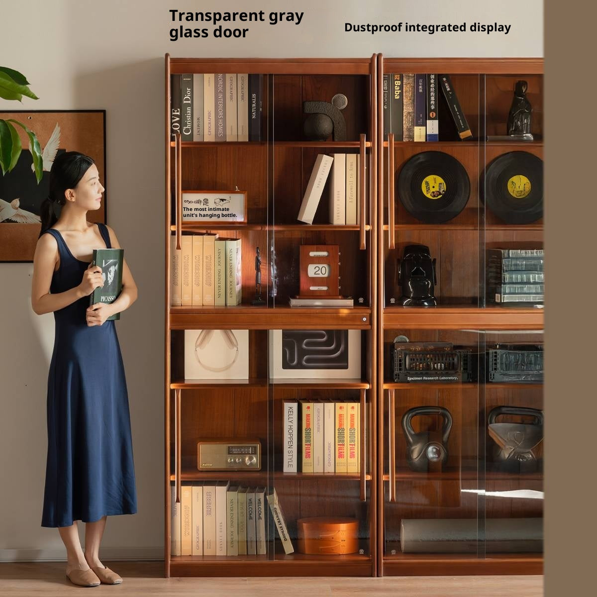 Poplar Solid Wood Vintage Style Glass Bookcase