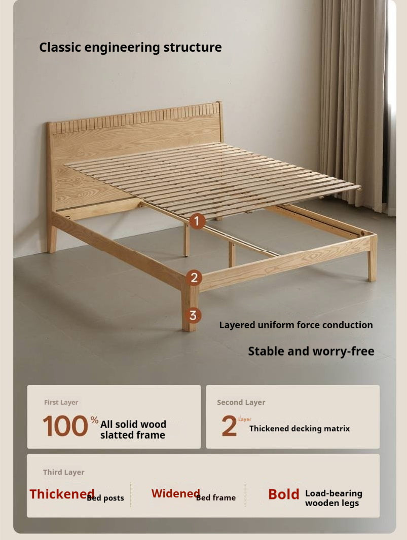 Ash Solid Wood Modern Minimalist Bed with Grooved Headboard and High Under-Bed Clearance