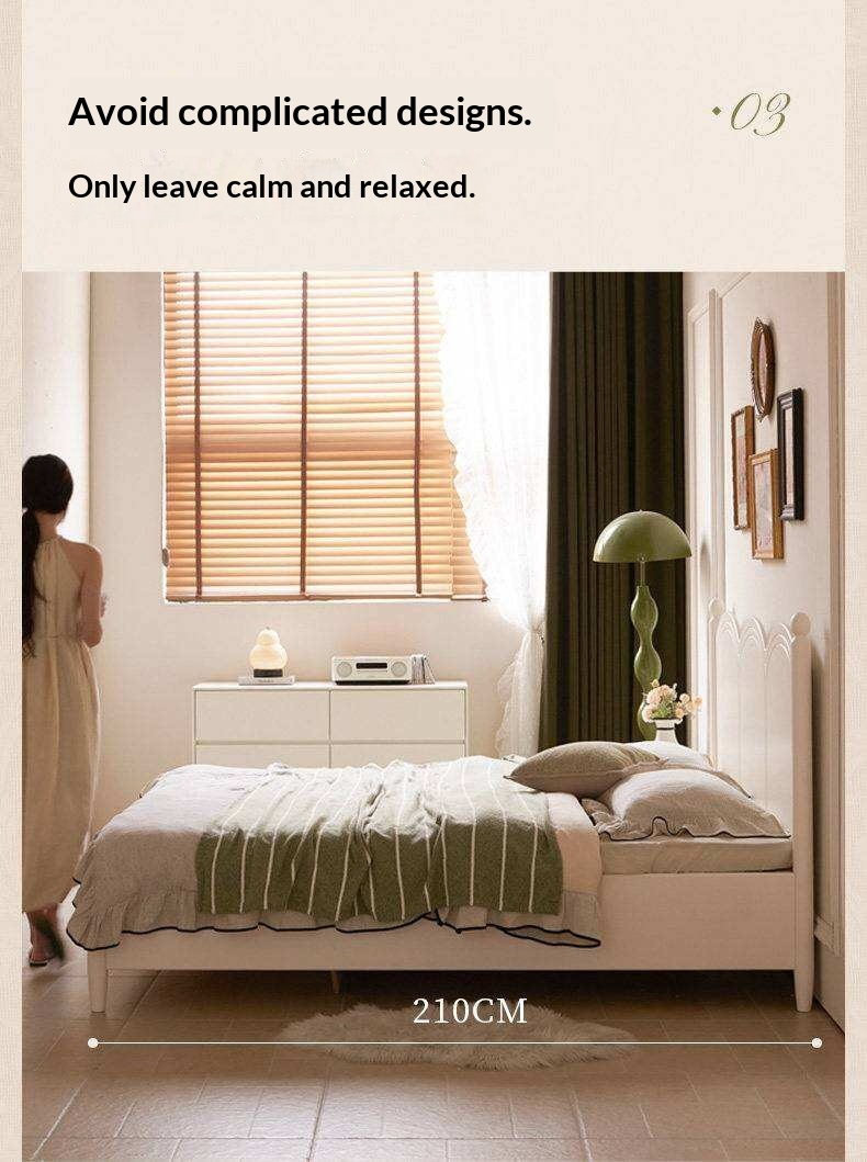 Rubberwood Solid Wood Bed with White Cream Style Large Box Frame