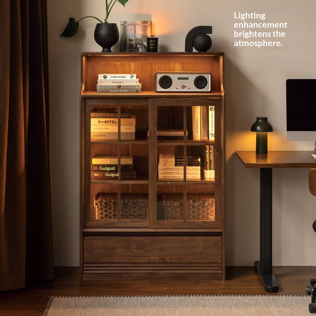 Black Walnut, Oak Solid Wood Bookcase with Storage Cabinet and Built-In Light