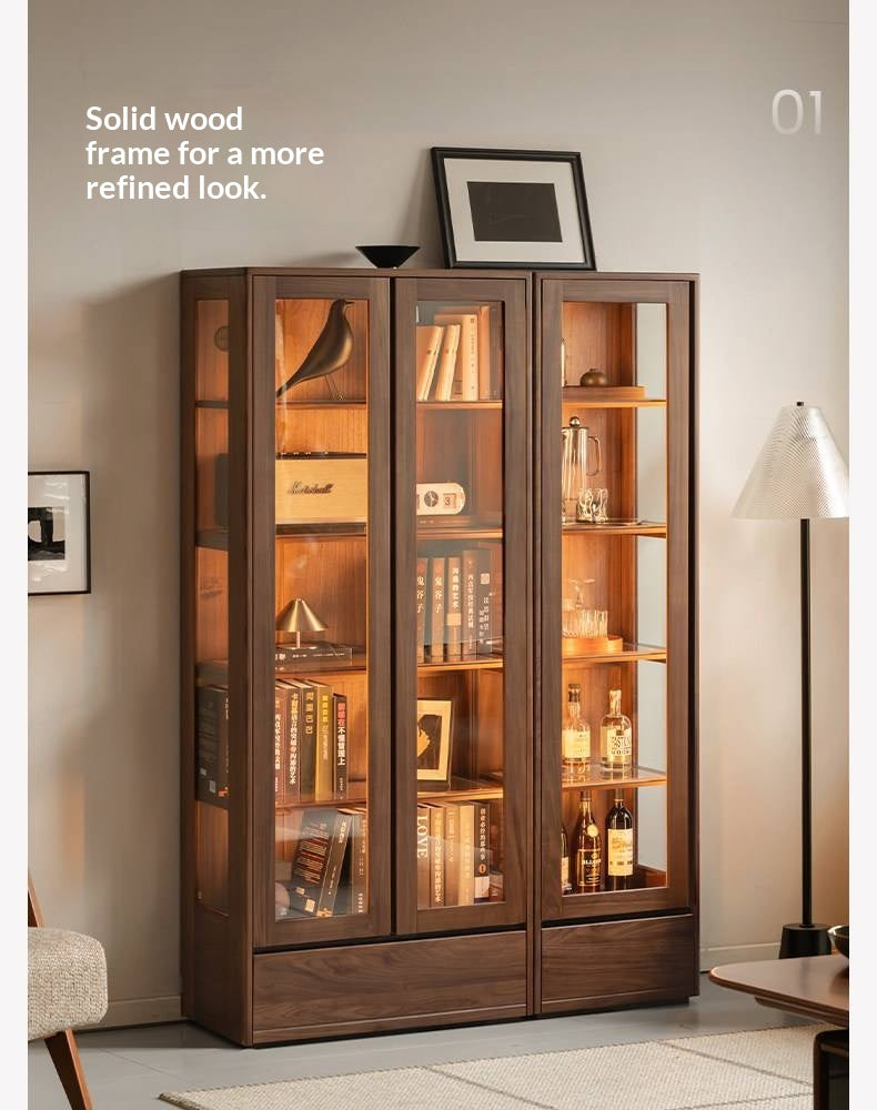 Black Walnut, Ash Solid Wood Modern Study Glass Bookcase