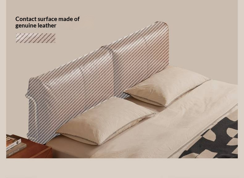 Genuine Leather Bauhaus Style Double Bed with Top Grain Cowhide Soft Backrest