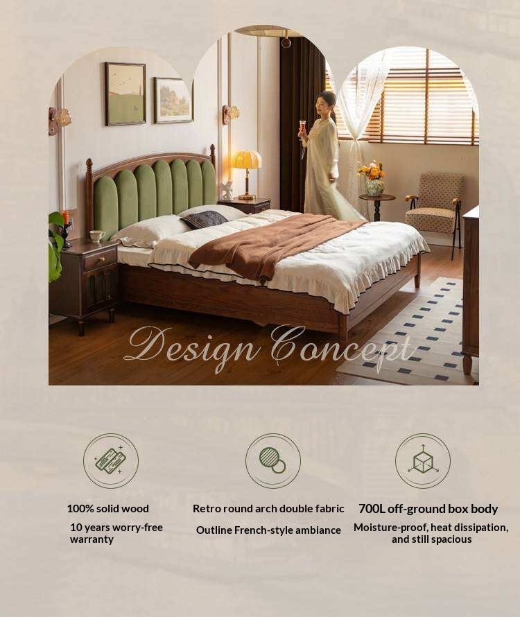 Oak Solid Wood Box Bed with Upholstered Vertical Channel Tufted Arched Headboard