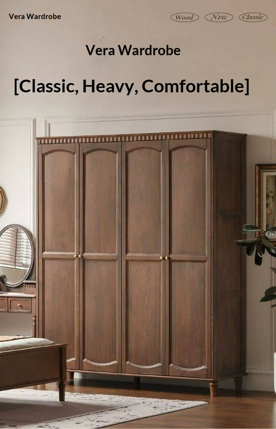 Black Walnut Solid Wood Wardrobe with American Retro Style and Light Luxury Finish