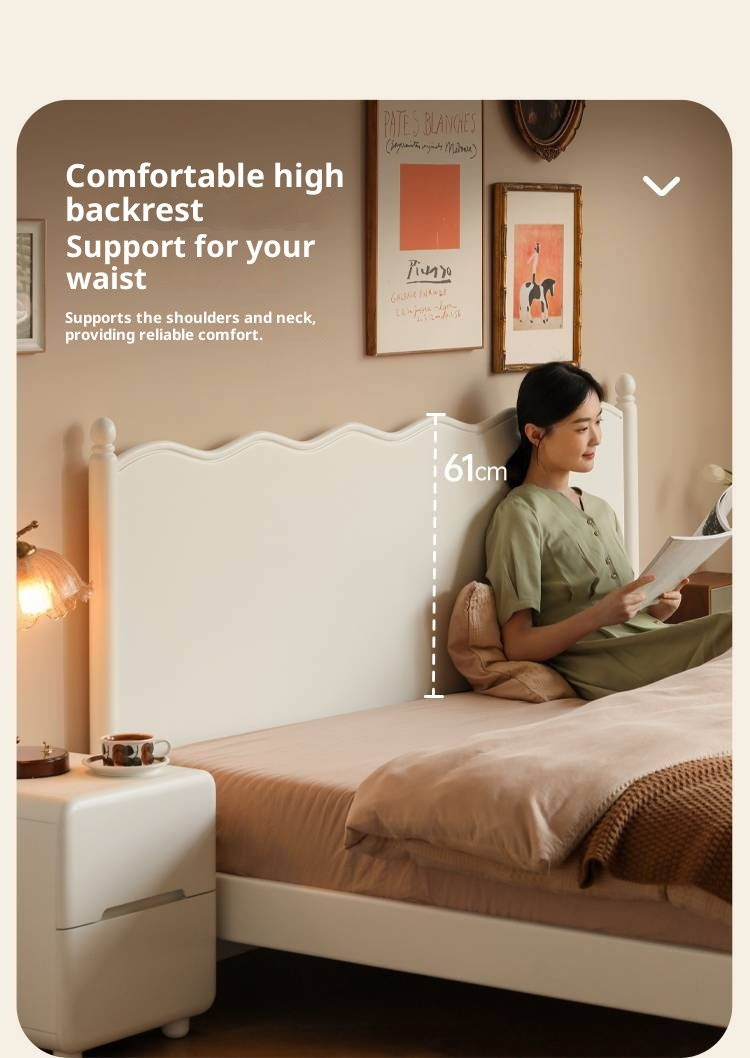 Rubberwood Solid Wood Bed, French Cream Style