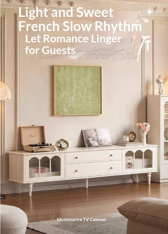 Solid Rubberwood TV Cabinet French Cream Style and Integrated Storage