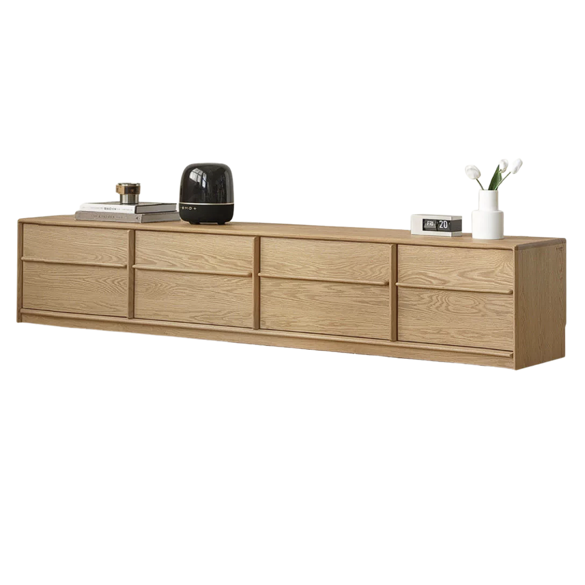 White Oak Solid Wood Scandinavian Low TV Console with Slatted Sliding Doors and Cable Management