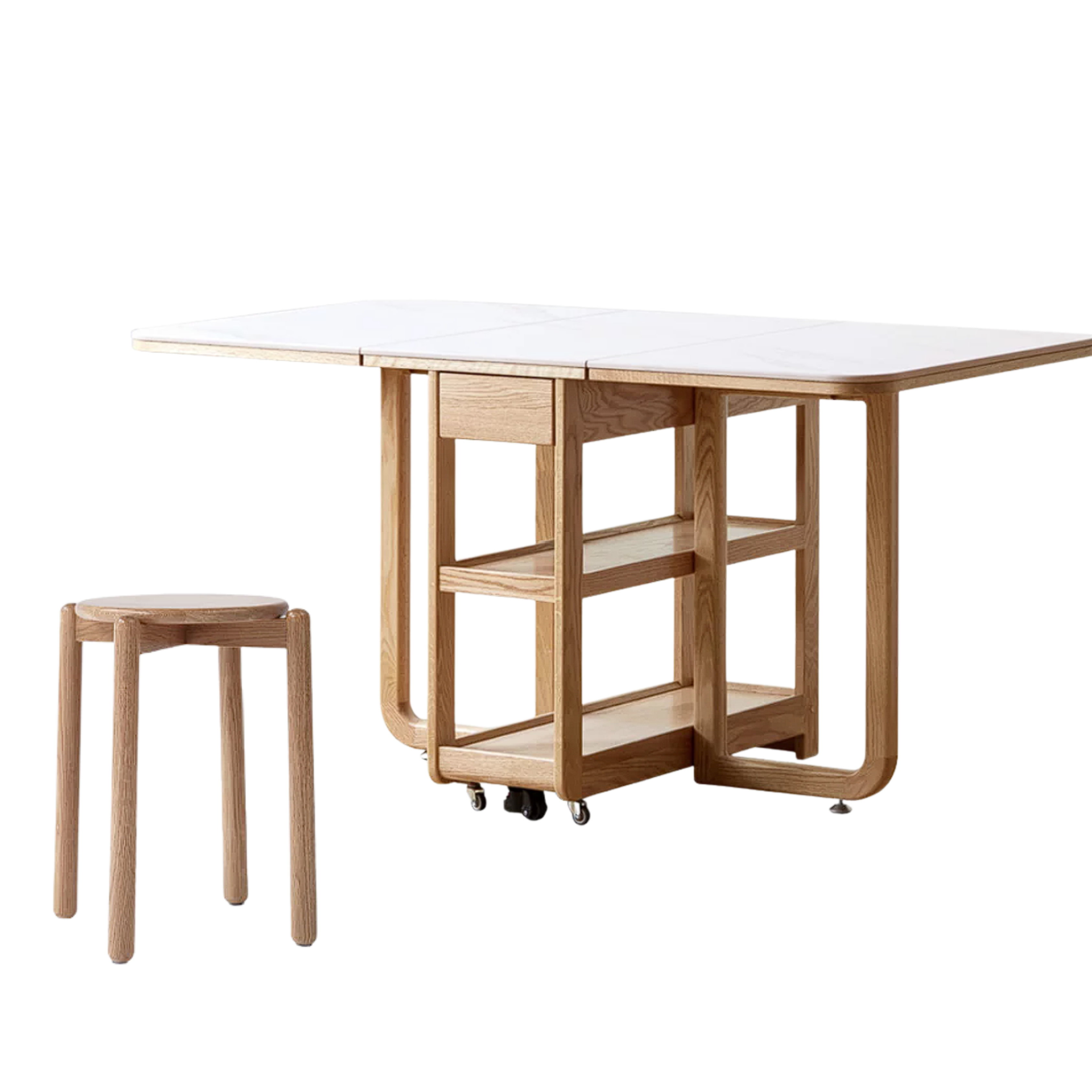 Oak, Rubberwood Solid Wood Folding Multi-Functional Storage Telescopic Dining Table