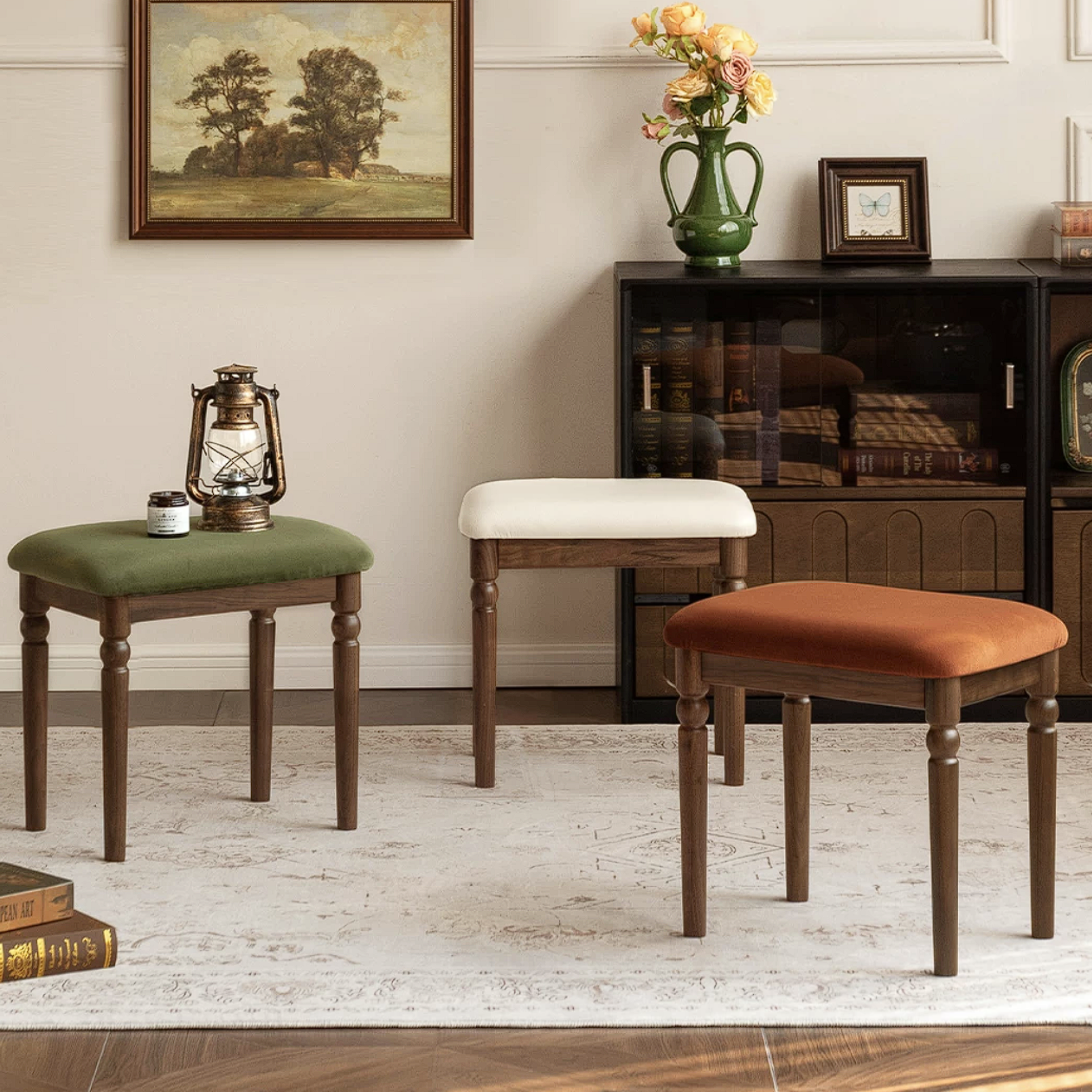 Black Walnut Solid Wood Vintage Vanity Stool with Turned Legs