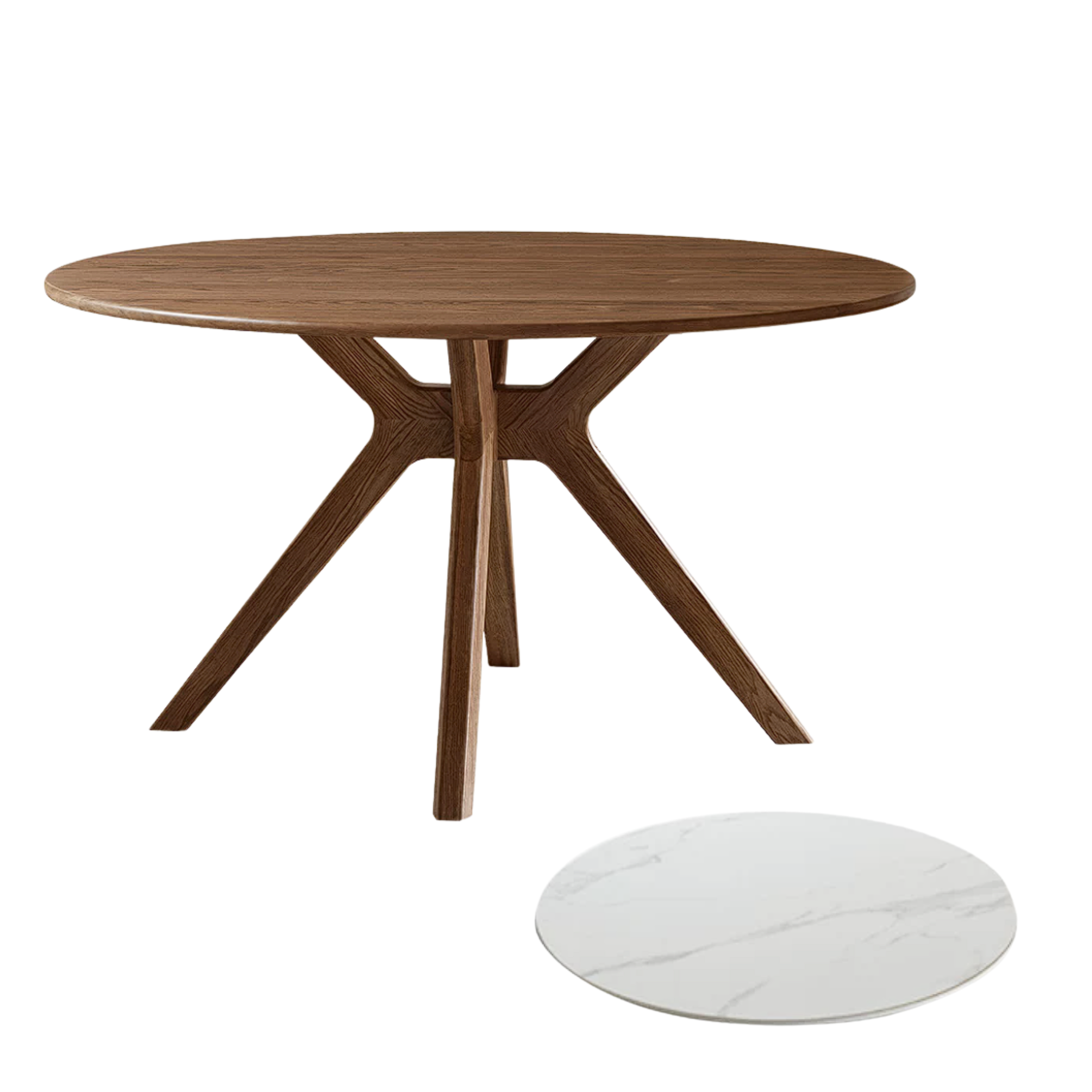 Oak Solid Wood Round Stone-Top Dining Table with Criss-Cross Splayed Wood Legs